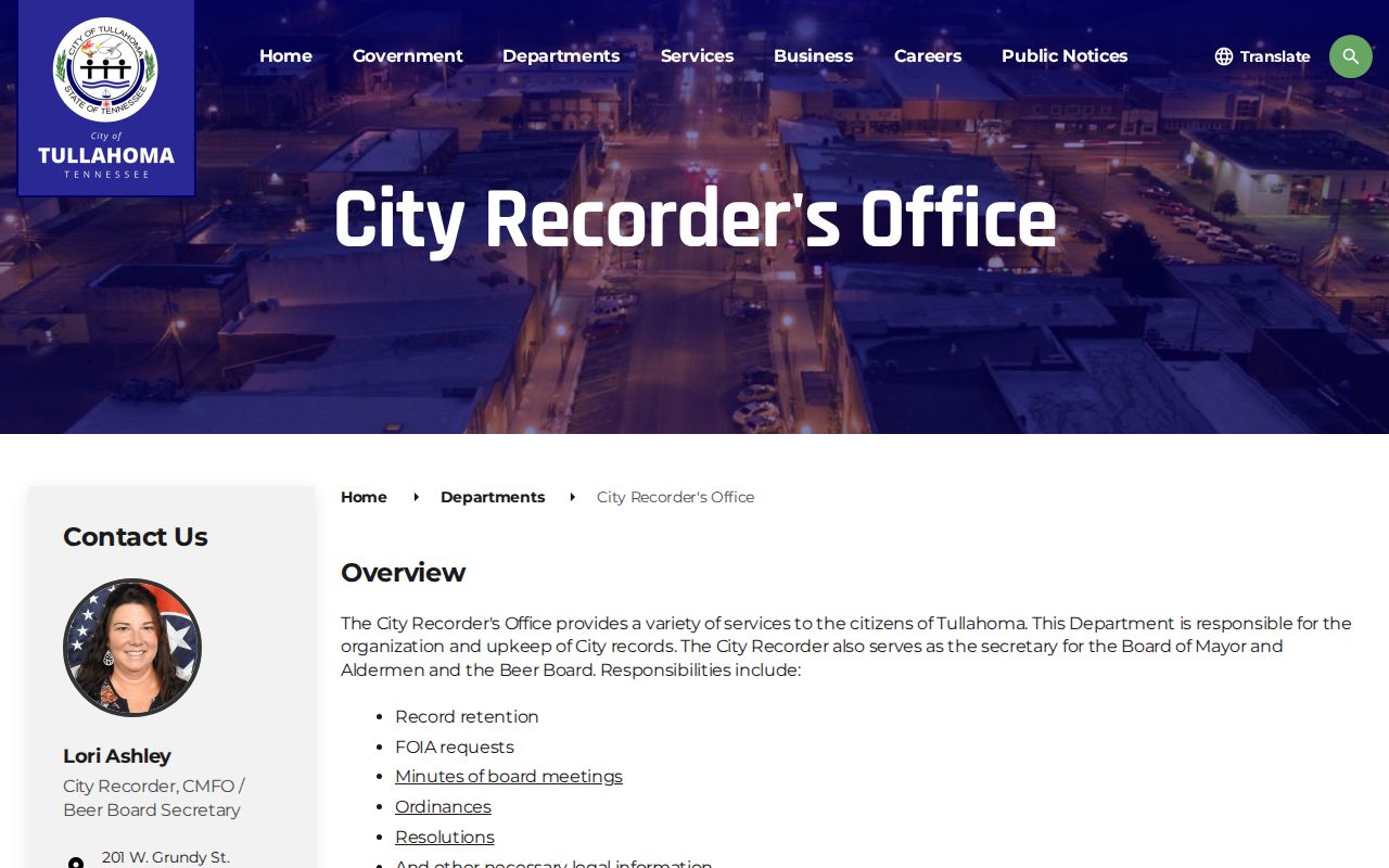 Tullahoma City Recorder route for recent arrest police records