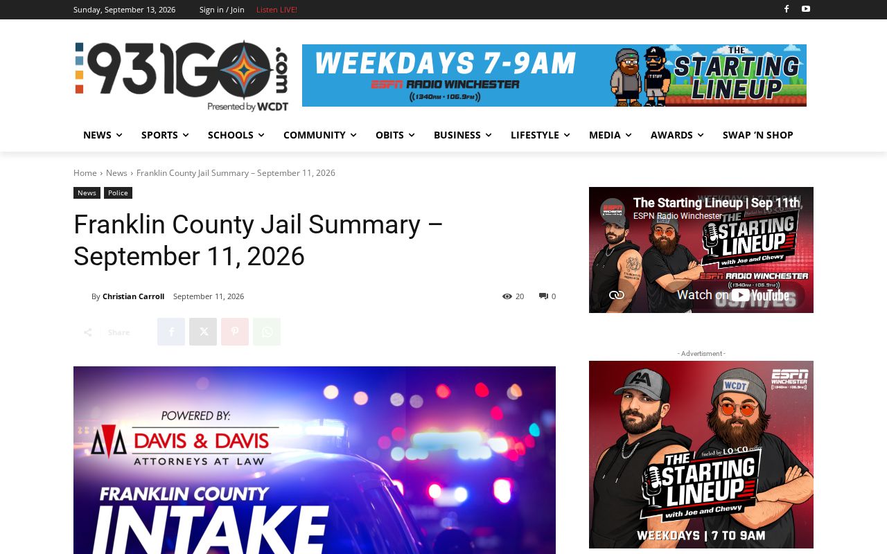 Franklin County local same-day jail summary fields and arrest disclaimer